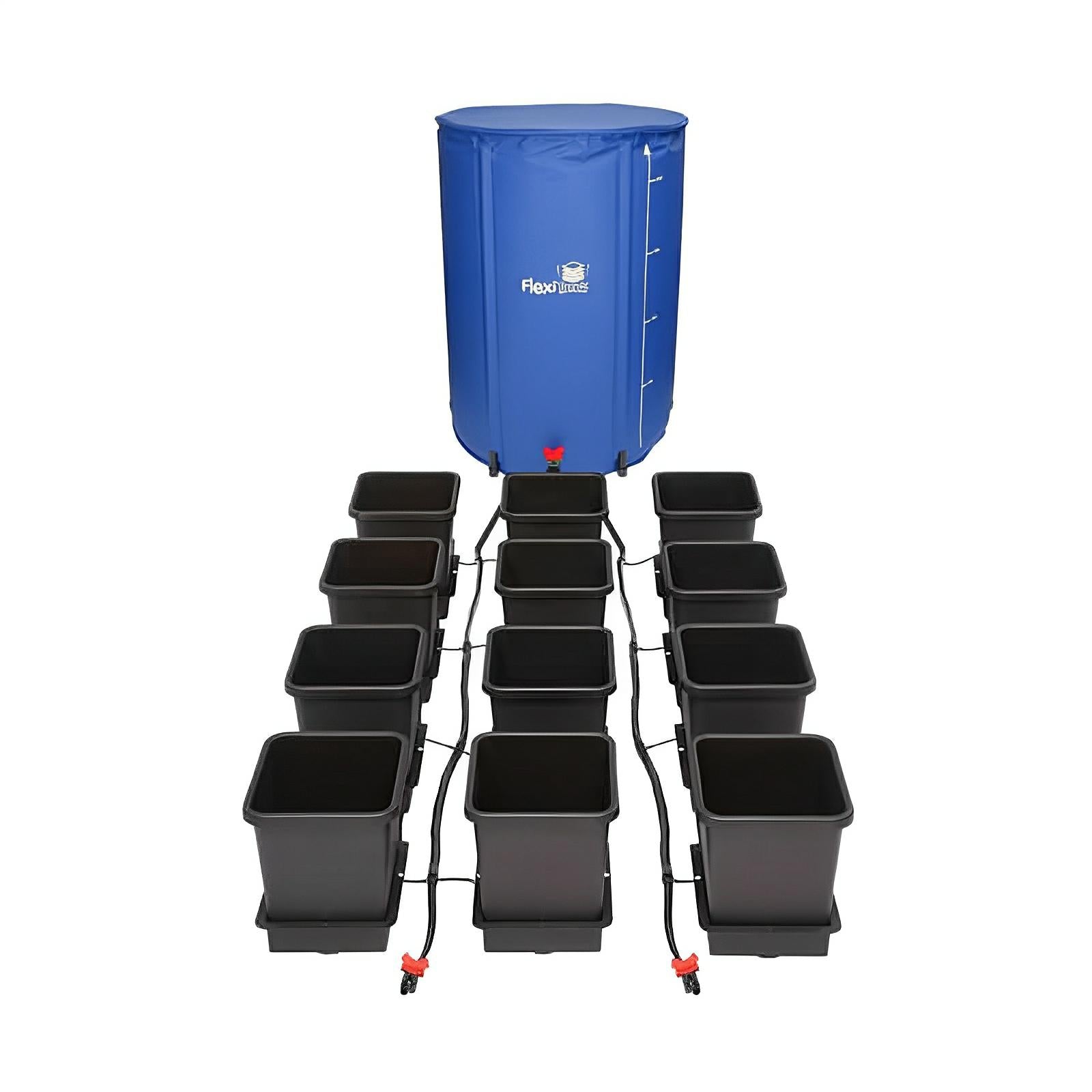 Blue FlexiTank reservoir connected to a 12-pot irrigation system with black plastic pots and tubing.