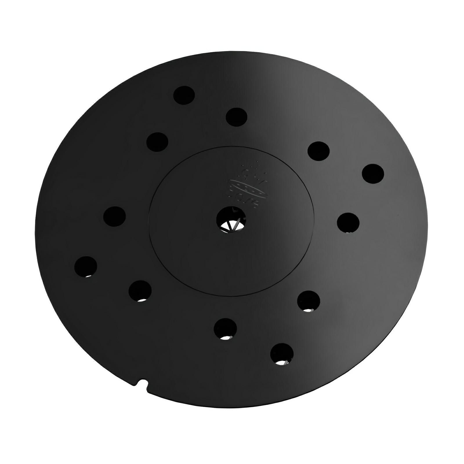 Top-down view of a round, black plastic reservoir lid with multiple drainage holes and a center opening.