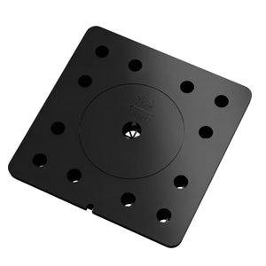 Black square hydroponic lid with a central port and perimeter drainage holes, viewed from an angled perspective.