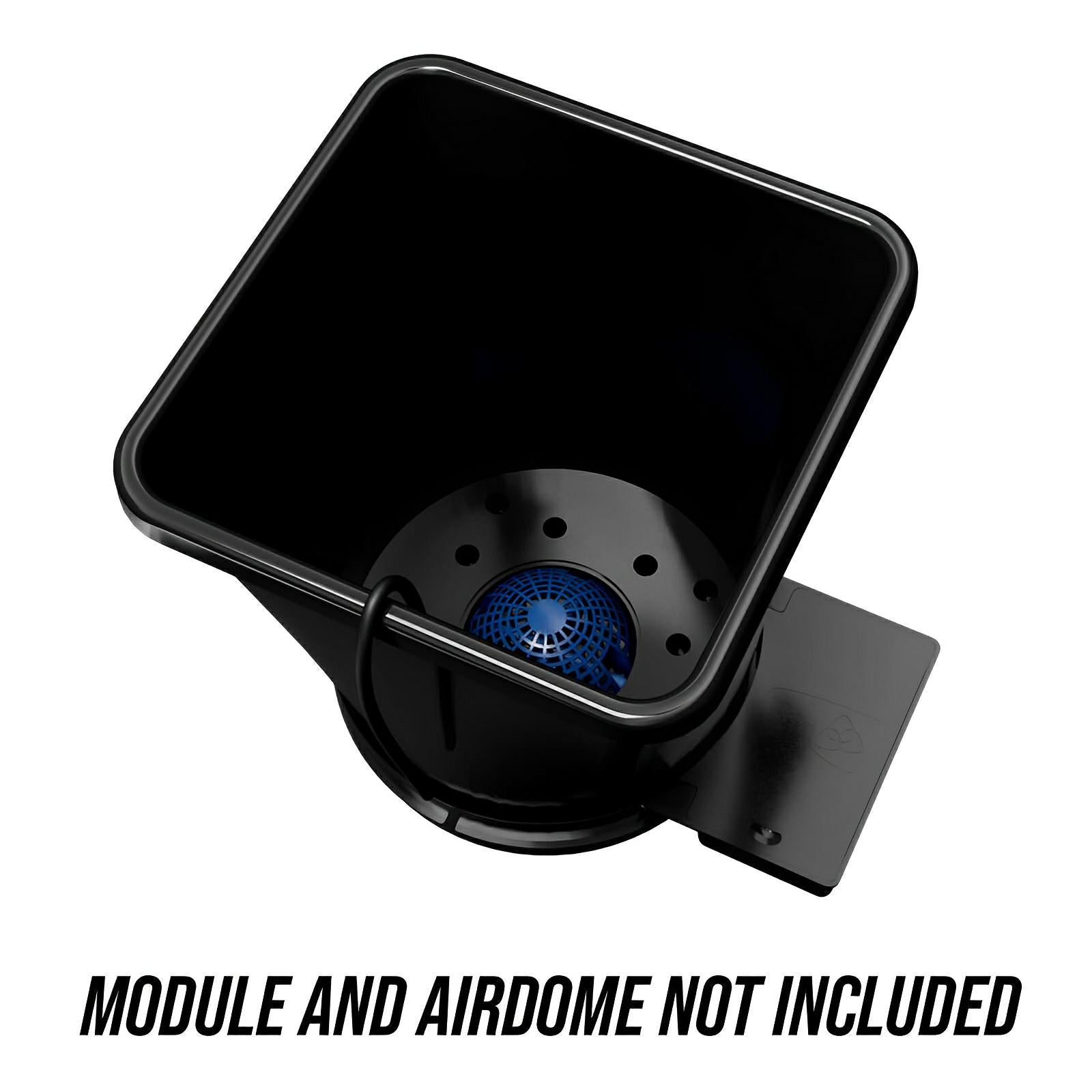 Top-down view of an empty black square hydroponic pot with a blue air dome insert at the base.