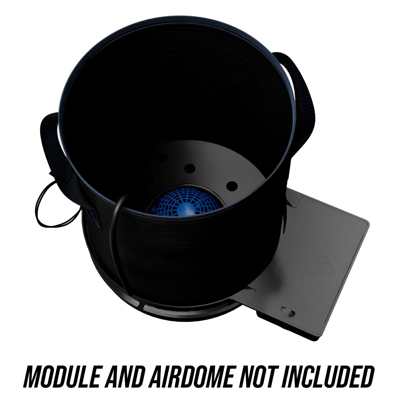 Top-down view of a black fabric pot with an interior base insert and external attachment tray, white background.