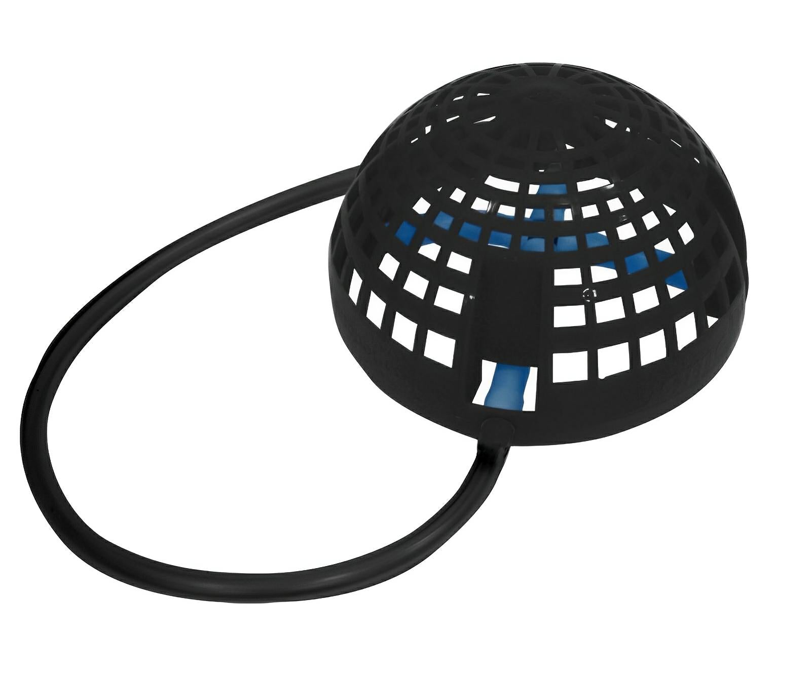 Black mesh dome strainer with a circular handle and blue internal fan blades, isolated on a white background.