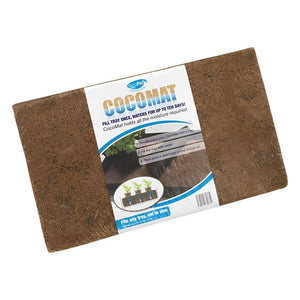 Rectangular brown coco fiber irrigation mat with an instructional white label showing hydroponic setup steps.
