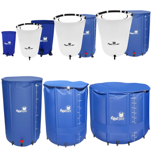 A collection of blue and white collapsible AutoPot FlexiTank water reservoirs of various sizes for hydroponic gardening.