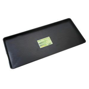 Black rectangular plastic garden tray with a ribbed base and centered product label, viewed from a high angle.