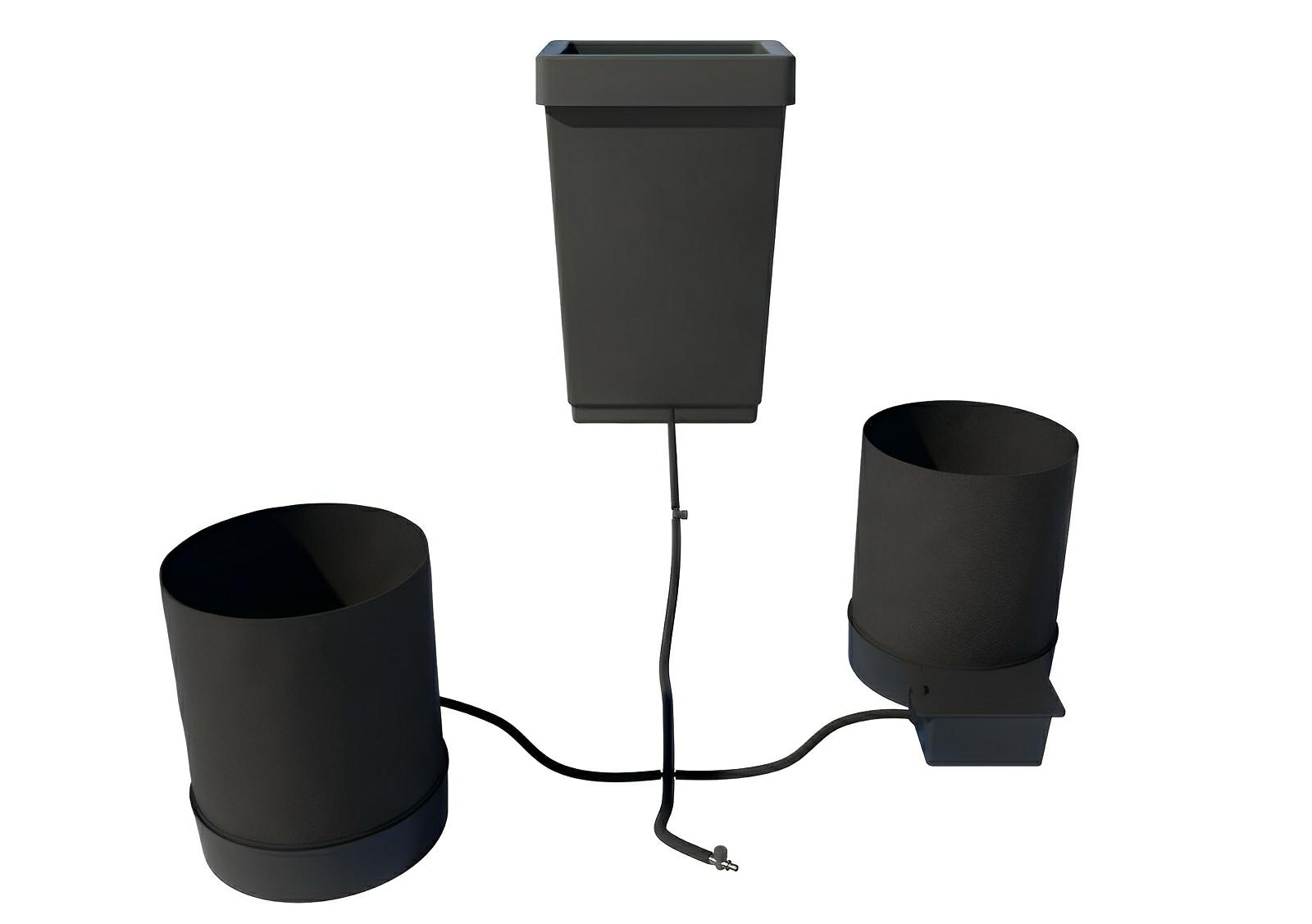 Hydroponic kit with one rectangular and two cylindrical black grow pots connected by black irrigation tubing.