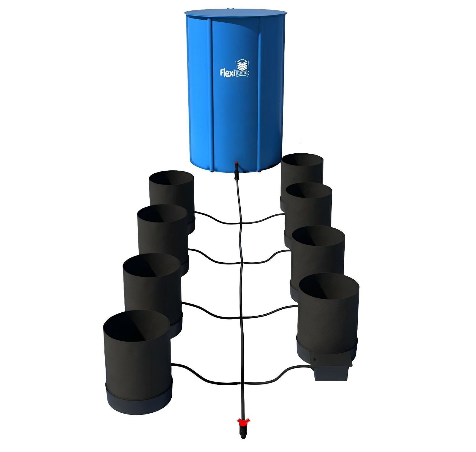 Blue FlexiTank connected by black tubing to eight black fabric plant pots arranged in two rows.