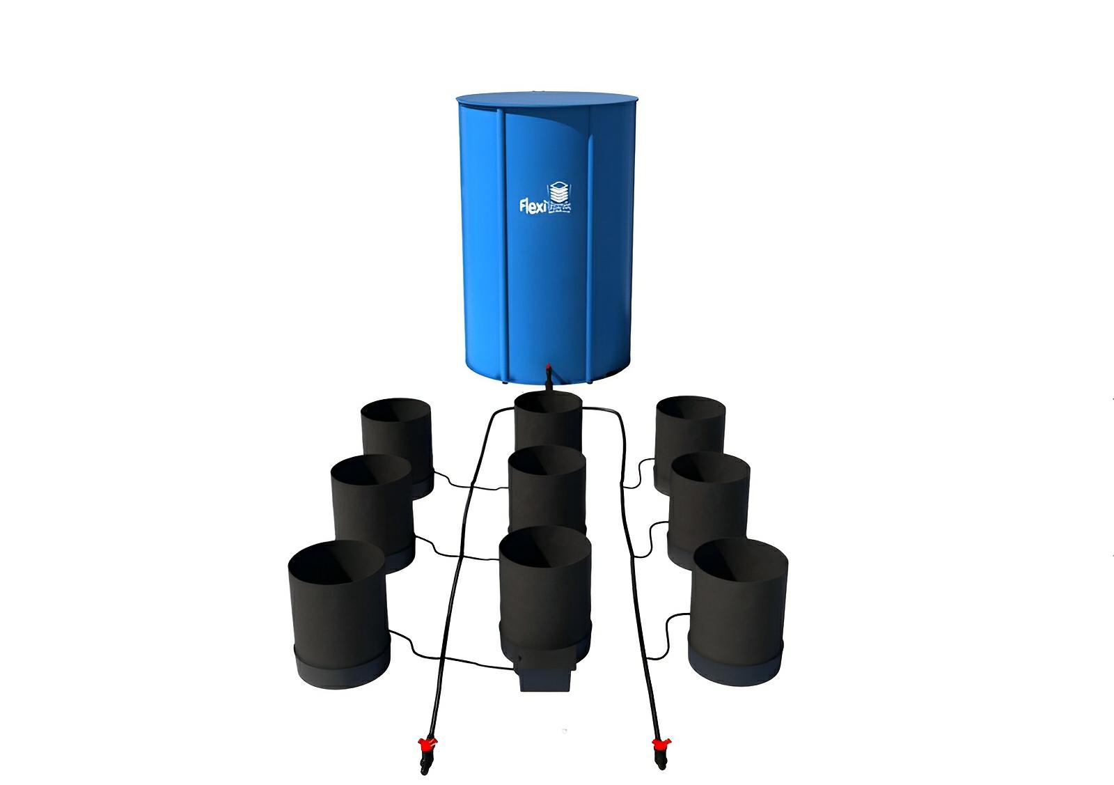Blue Flexi Tank reservoir connected to eight black hydroponic grow pots via black irrigation tubing.