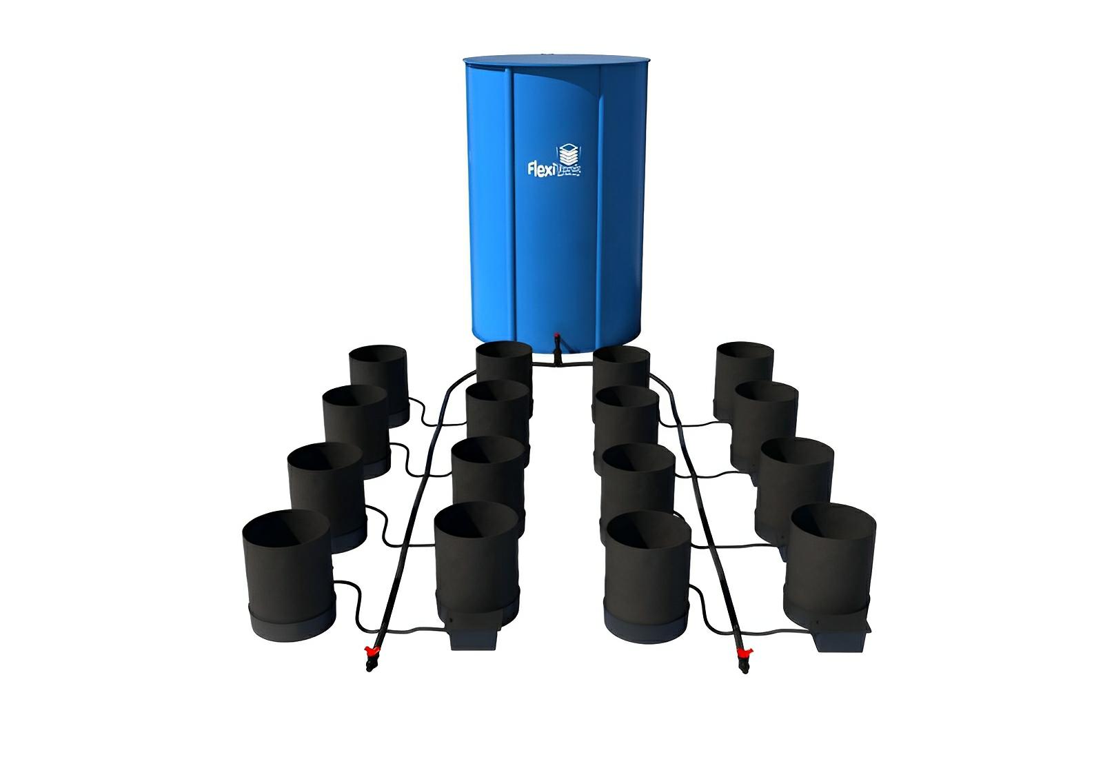 Blue cylindrical reservoir connected to sixteen black fabric pots via a black irrigation tubing system.