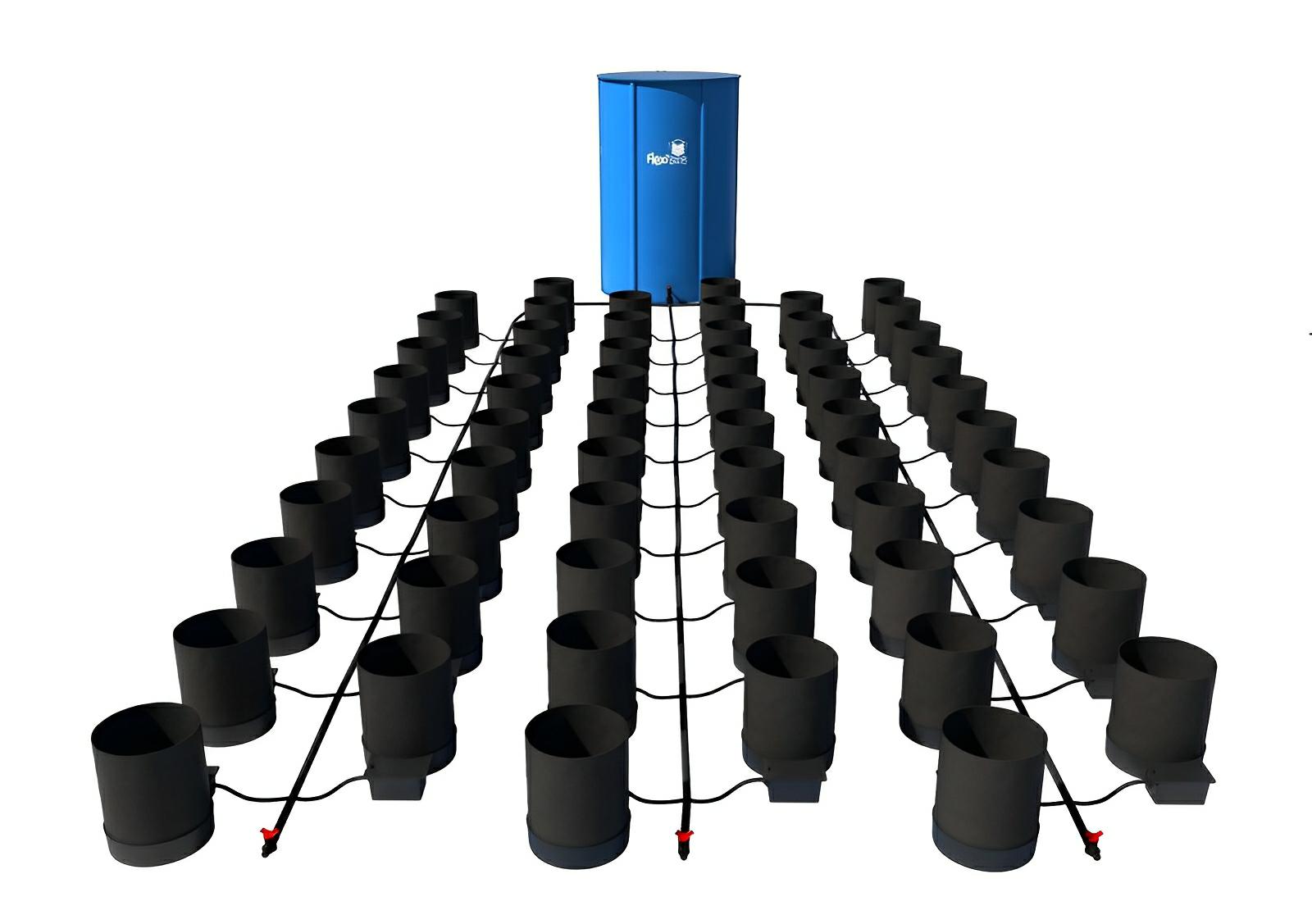 A blue reservoir connected to rows of black fabric pots by a black tubing irrigation system on a white background.