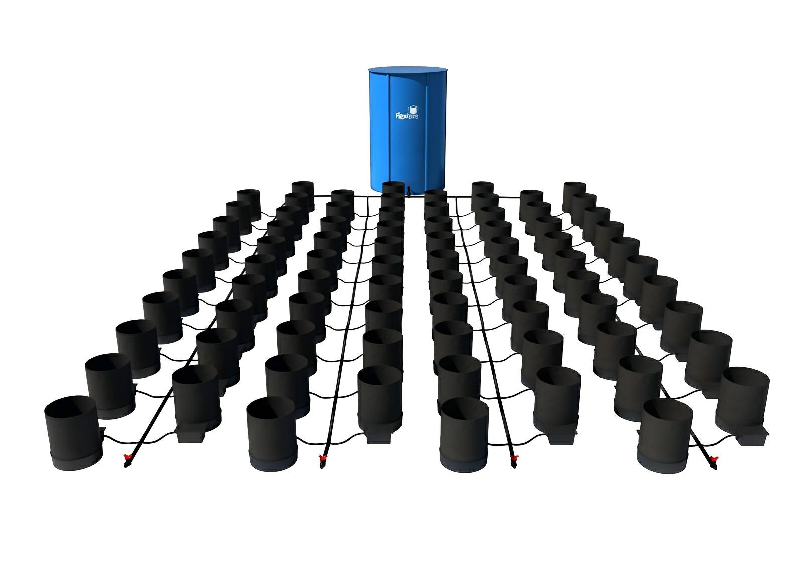 Large commercial hydroponic system with a blue central reservoir connected to rows of black fabric grow pots.