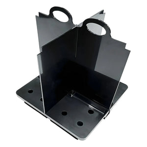 Black modular plant tray with four sections, circular handle cutouts, and drainage holes on a white background.