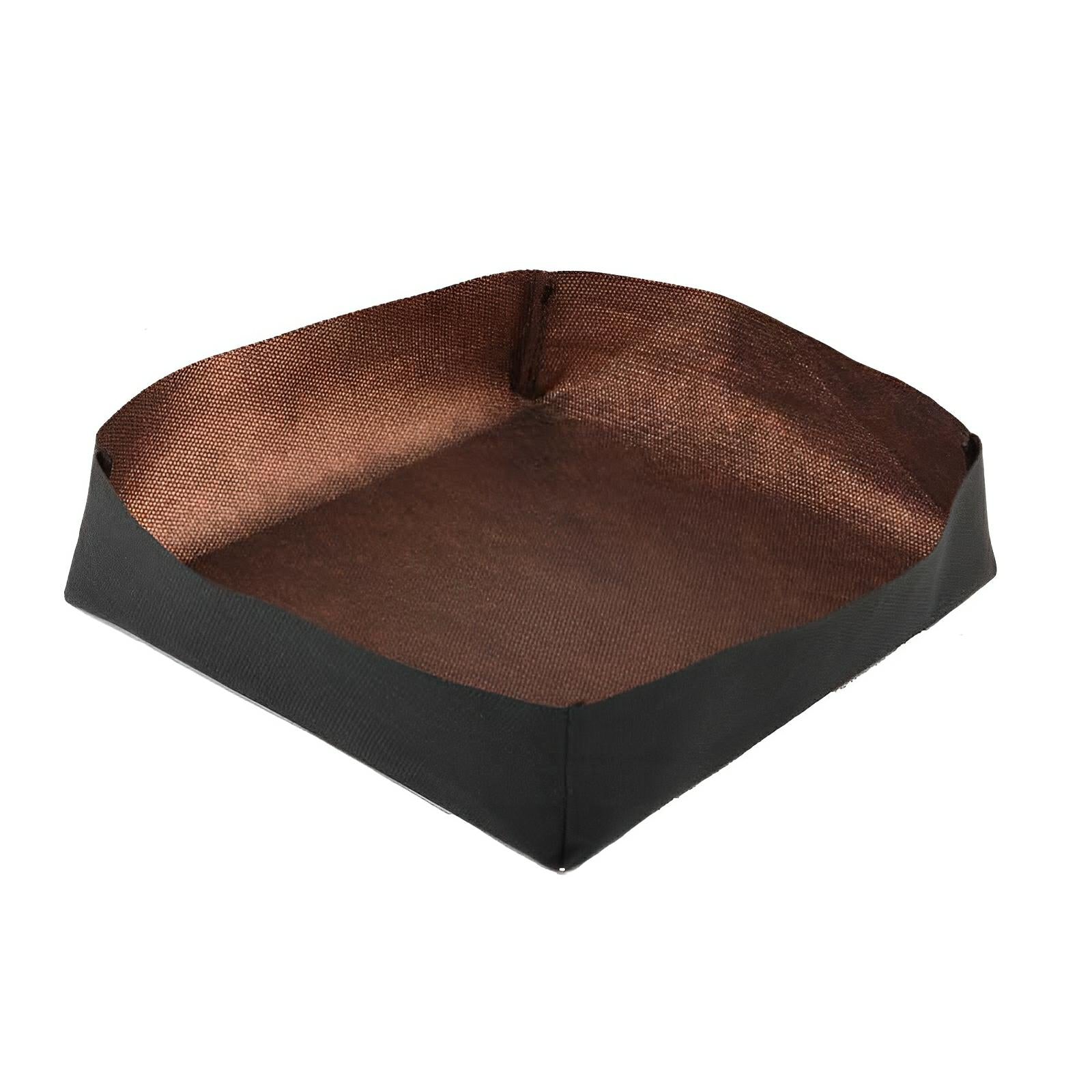 Square fabric grow tray with black exterior, brown interior, and low-profile walls, viewed from a high angle.