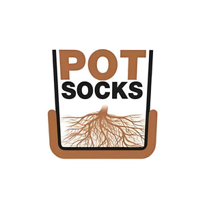 Graphic of a pot silhouette containing the text "POT SOCKS" over a brown root system illustration.