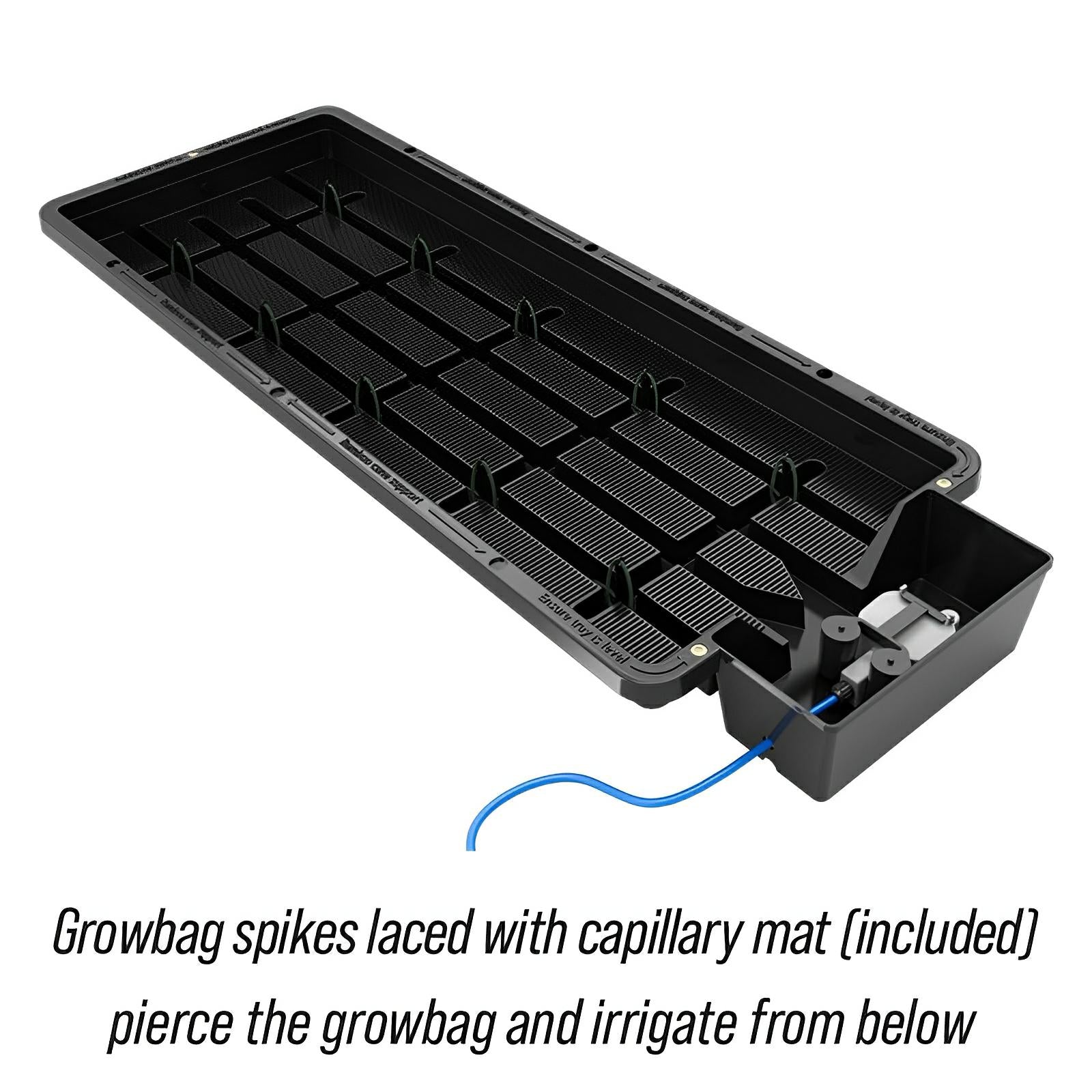 Black rectangular AutoPot Tray2Grow system with internal spikes for automatic bottom-up irrigation of grow bags.