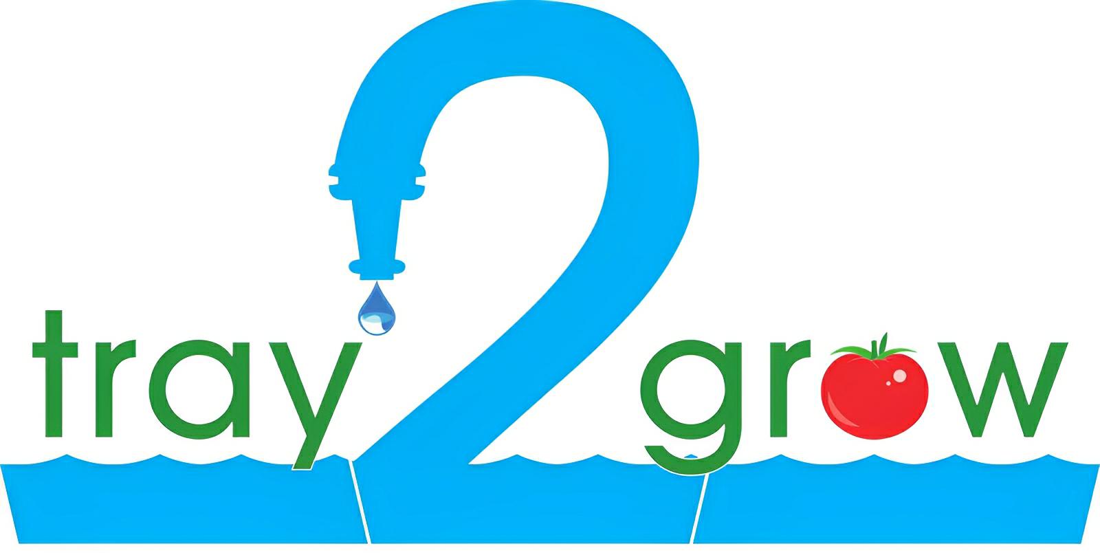 AutoPot Tray2Grow logo: green text with a blue water-spout-shaped number 2, a water droplet, and a red tomato icon.