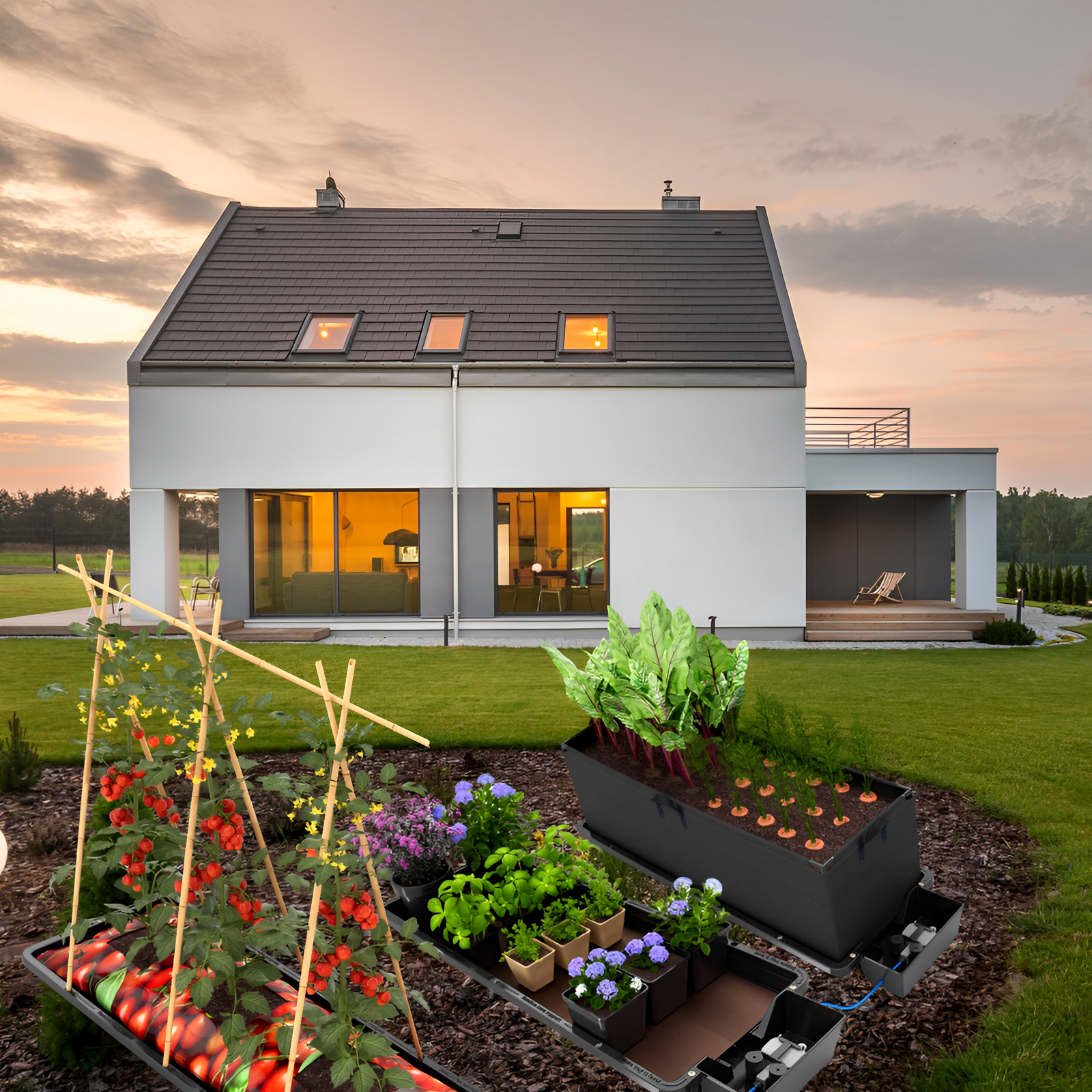 AutoPot Tray2Grow black rectangular self-watering system with vegetable and flower plants outside a modern home.