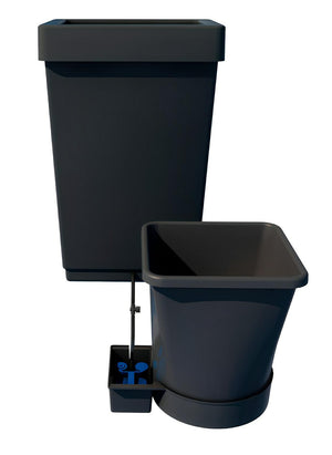 Two black square hydro grow pots connected by a small base reservoir with blue internal fittings.