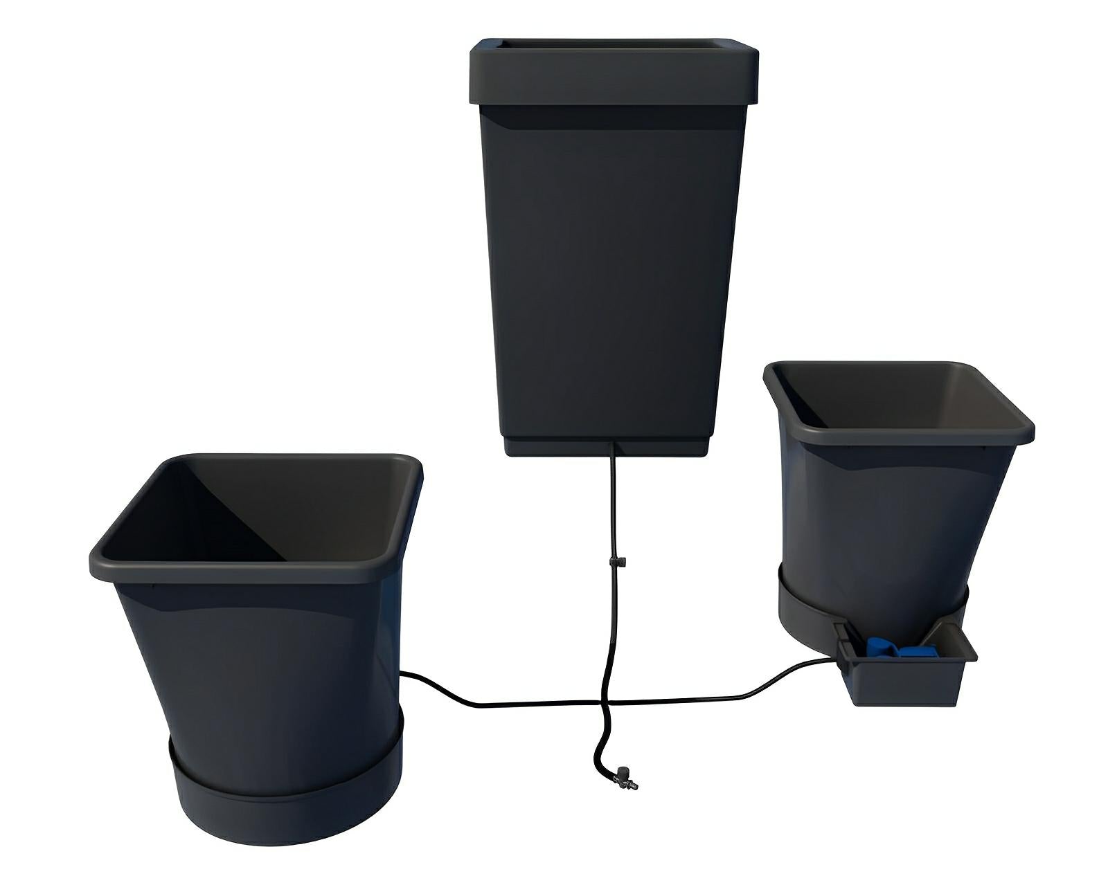 Three dark grey square hydroponic pots connected by black tubing and a central fitting on a white background.