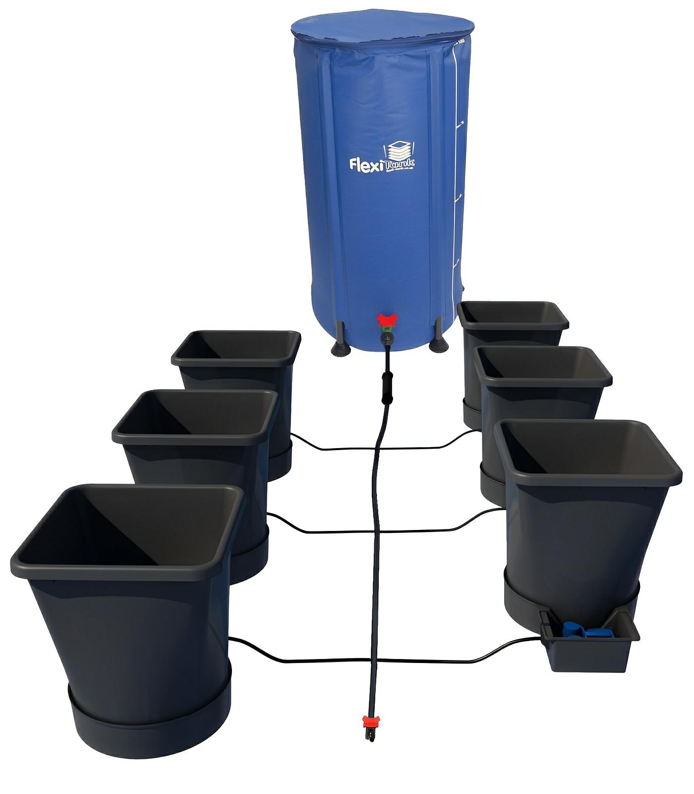Blue cylindrical reservoir connected to six grey square hydroponic pots via black tubing on a white background.