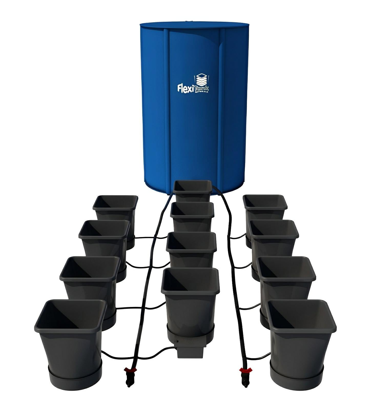 Blue cylindrical reservoir connected by tubing to twelve dark grey square hydroponic pots in an isolated grid.