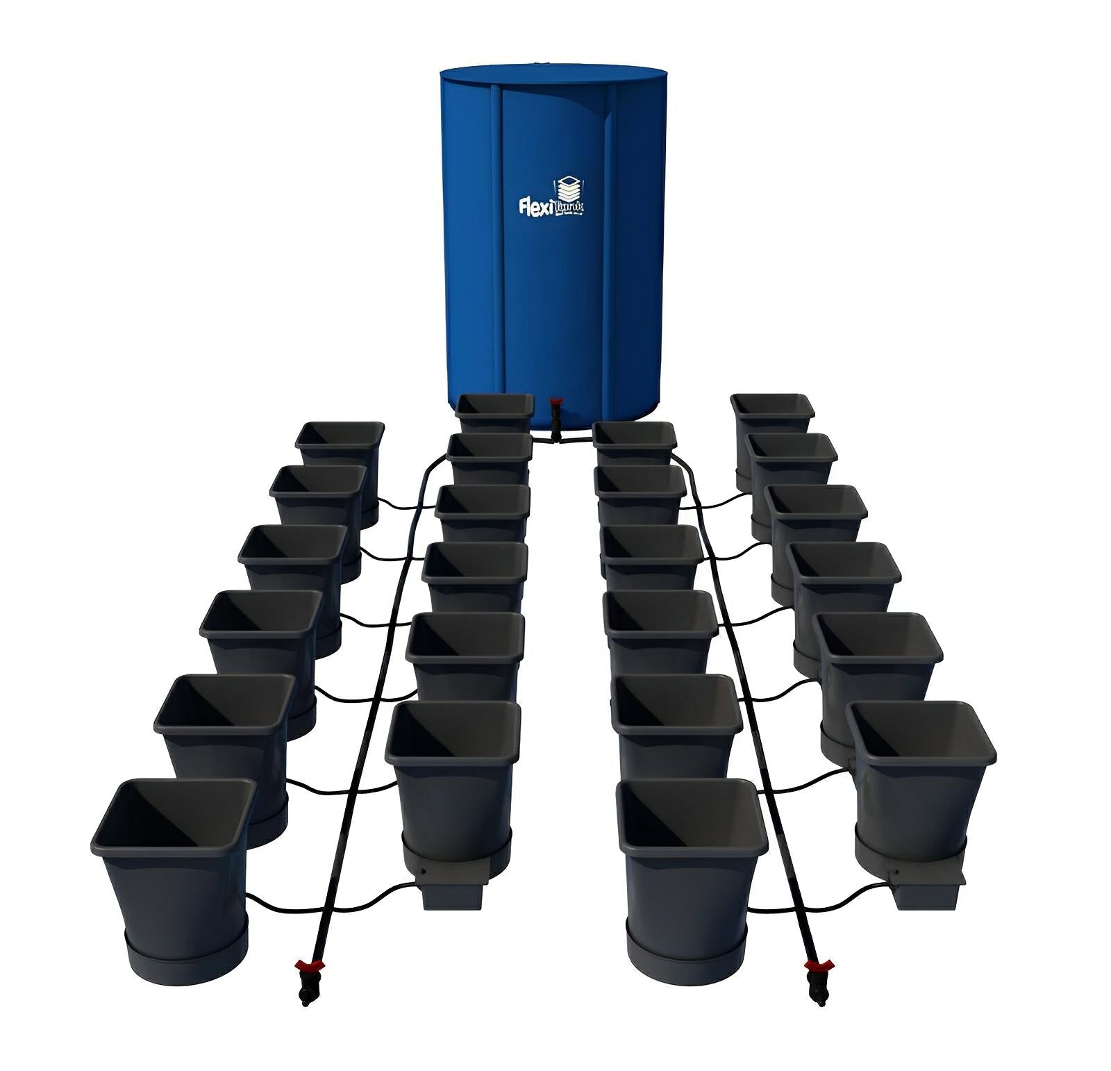 Large blue cylindrical reservoir connected to 24 dark grey square pots arranged in two rows with black irrigation lines.