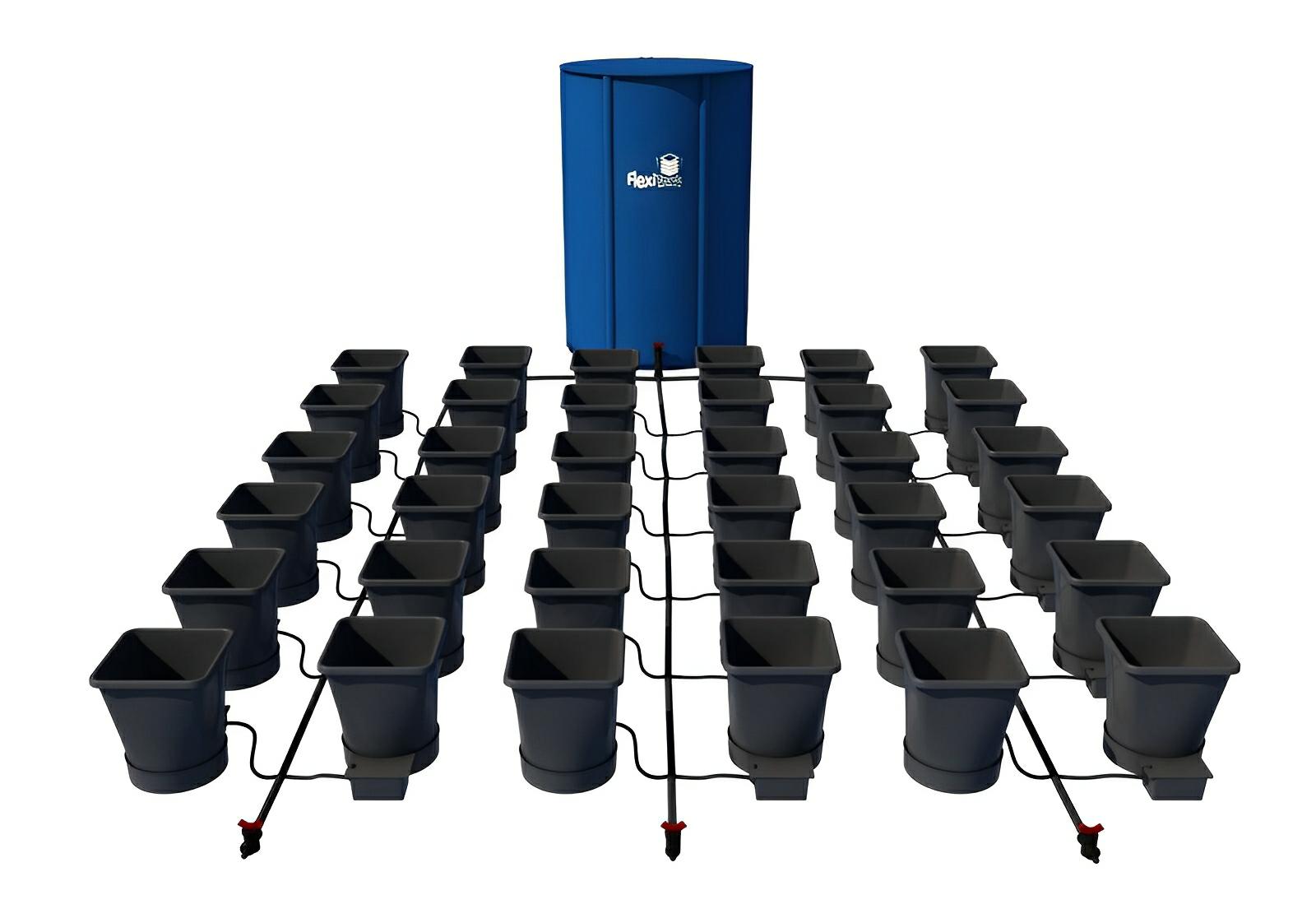 Blue FlexiTank reservoir connected to a grid of black square hydroponic pots via black irrigation tubing.
