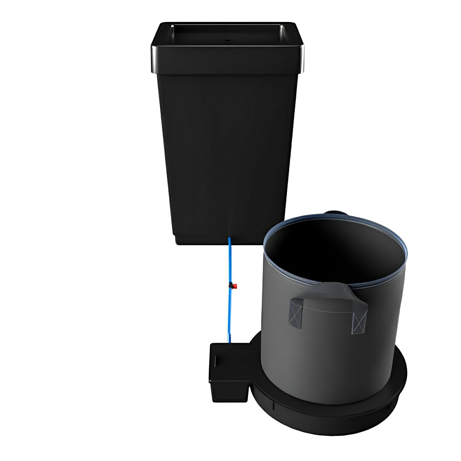 Black square reservoir connected by a blue hose to a fabric grow pot sitting on a black base.