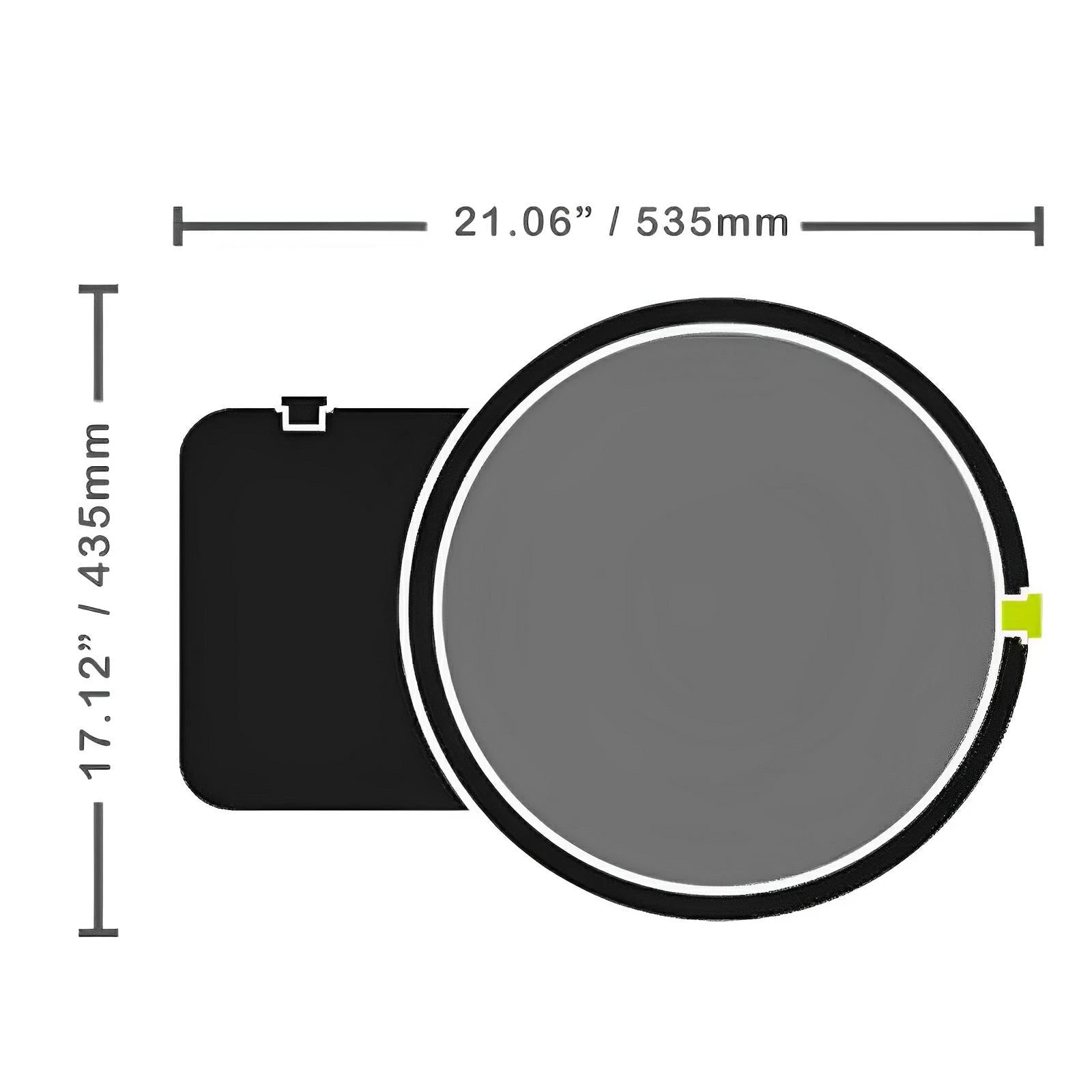Top-down view of black equipment with dimensions 21.06