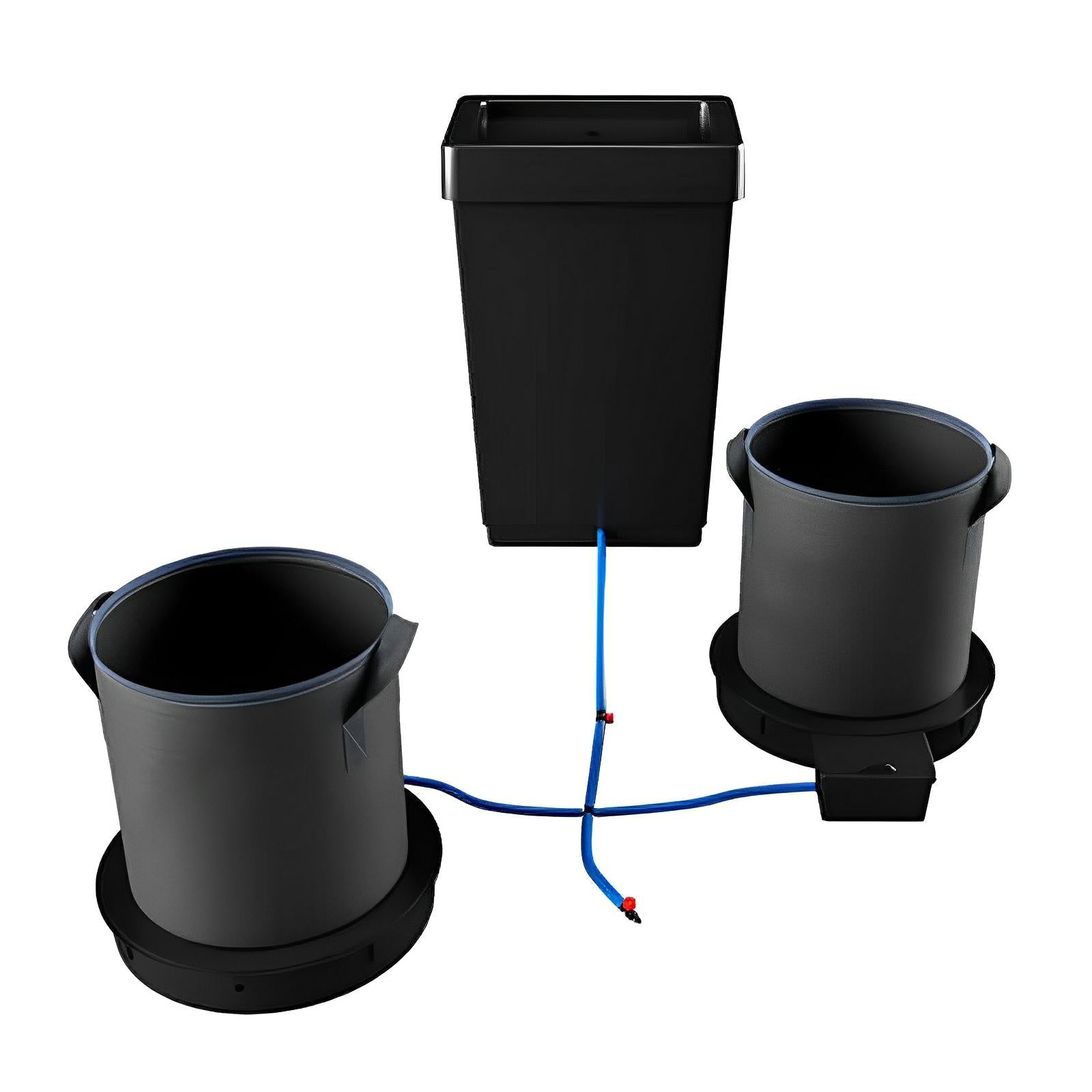 Two gray fabric pots on black bases connected by blue tubing to a central black rectangular reservoir.