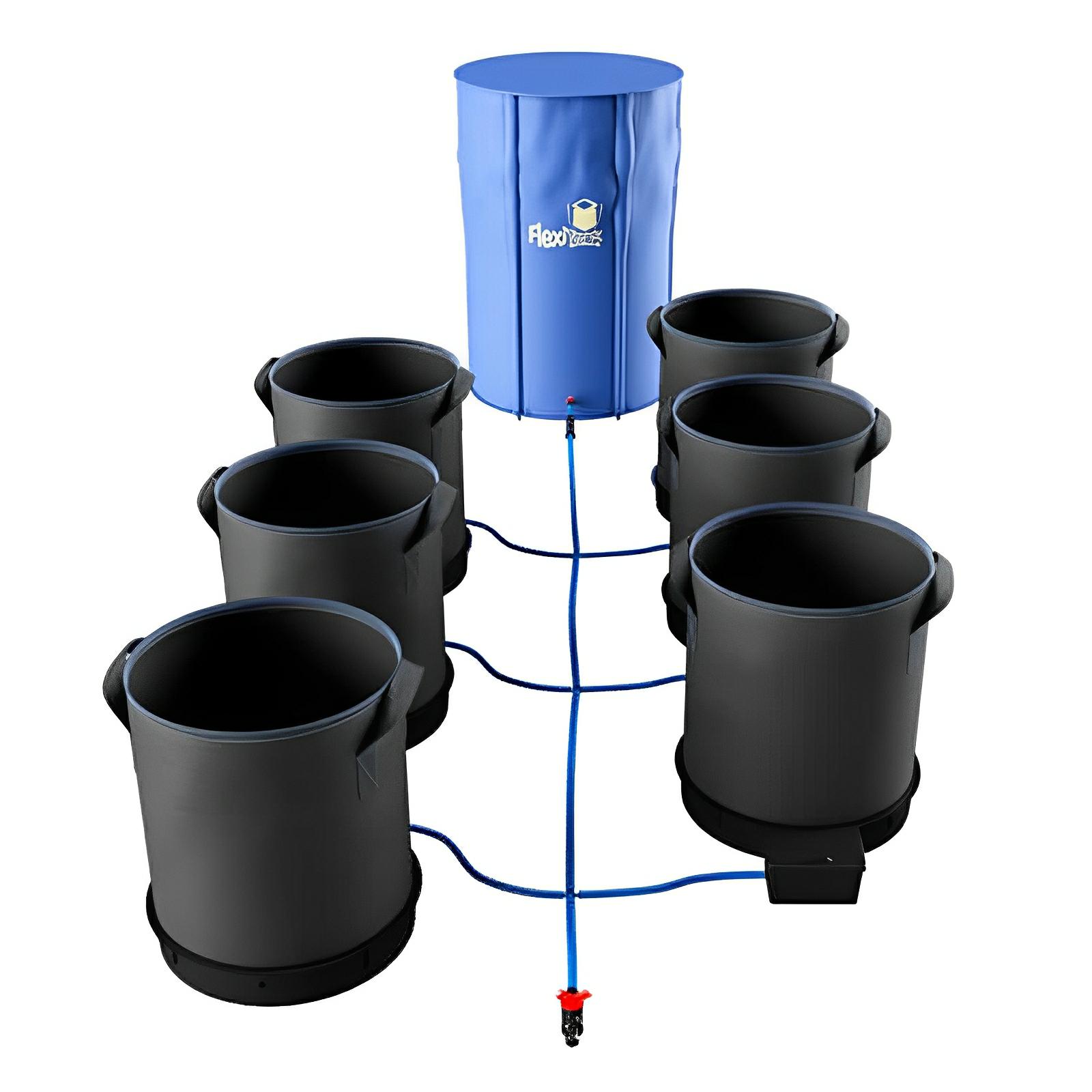 Blue water reservoir connected to six black fabric grow pots via a blue irrigation tubing system.