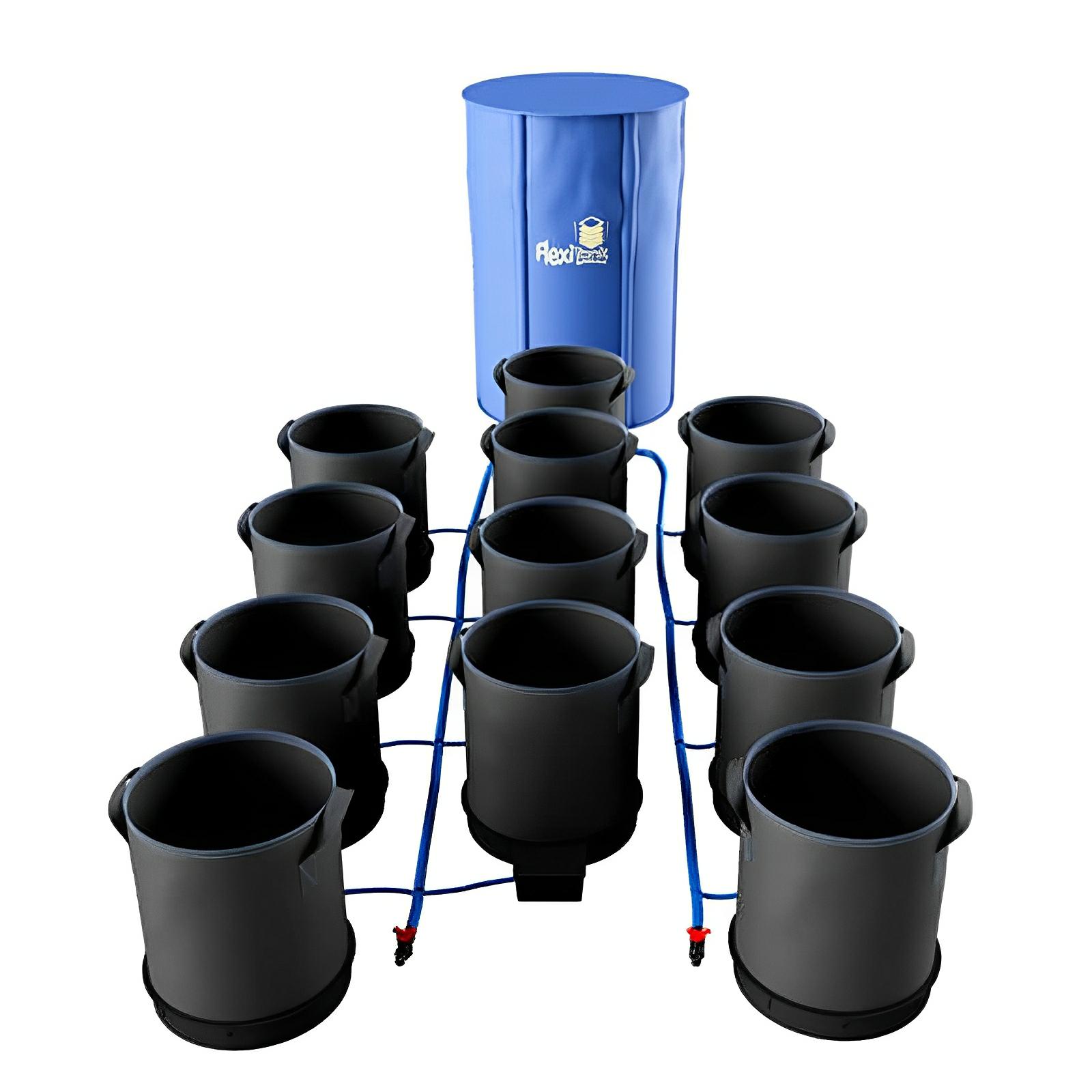 Hydroponic system with 9 grey fabric pots, blue reservoir, and blue irrigation tubing on a white background.