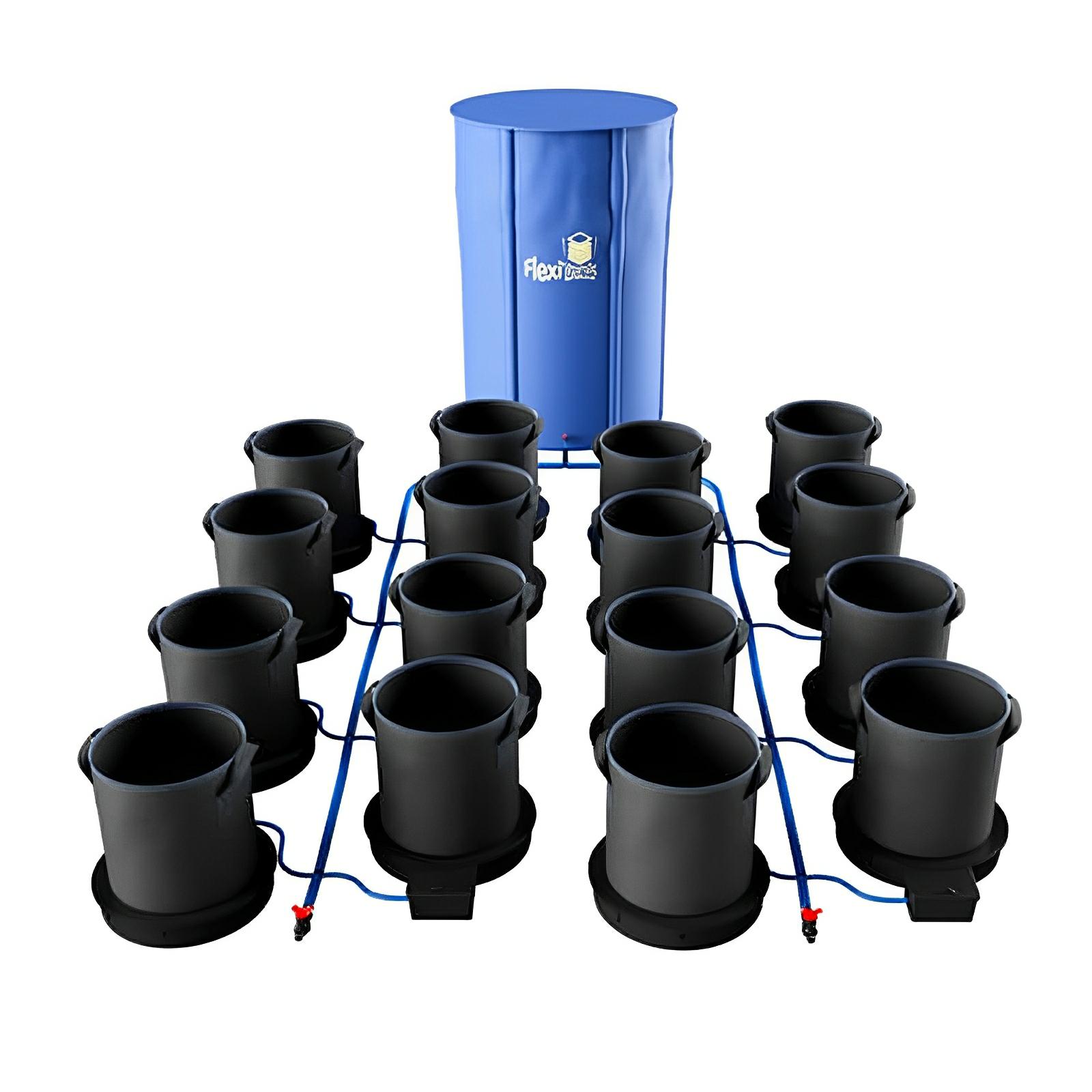 Hydroponic irrigation system with 12 black fabric pots connected by blue tubing to a large blue water reservoir tank.