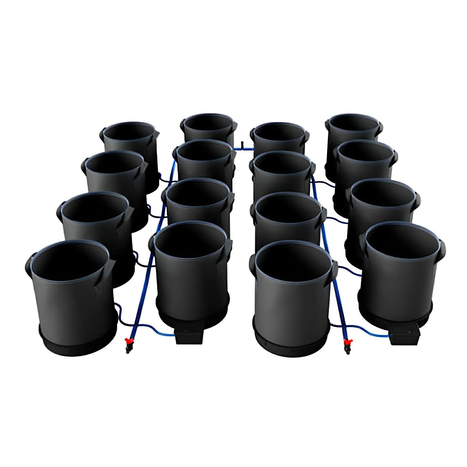 High-angle view of 16 grey fabric grow pots connected by a blue irrigation system on a white background.