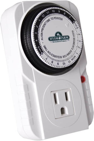White analog plug-in outlet timer with a black 24-hour rotating dial and Hydrofarm branding.