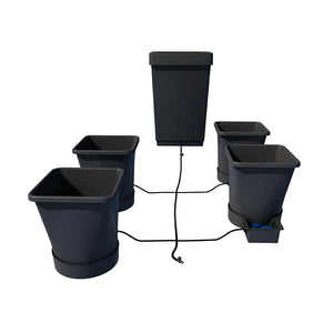 Four dark gray hydroponic buckets connected by black tubing to a central reservoir in a white background.