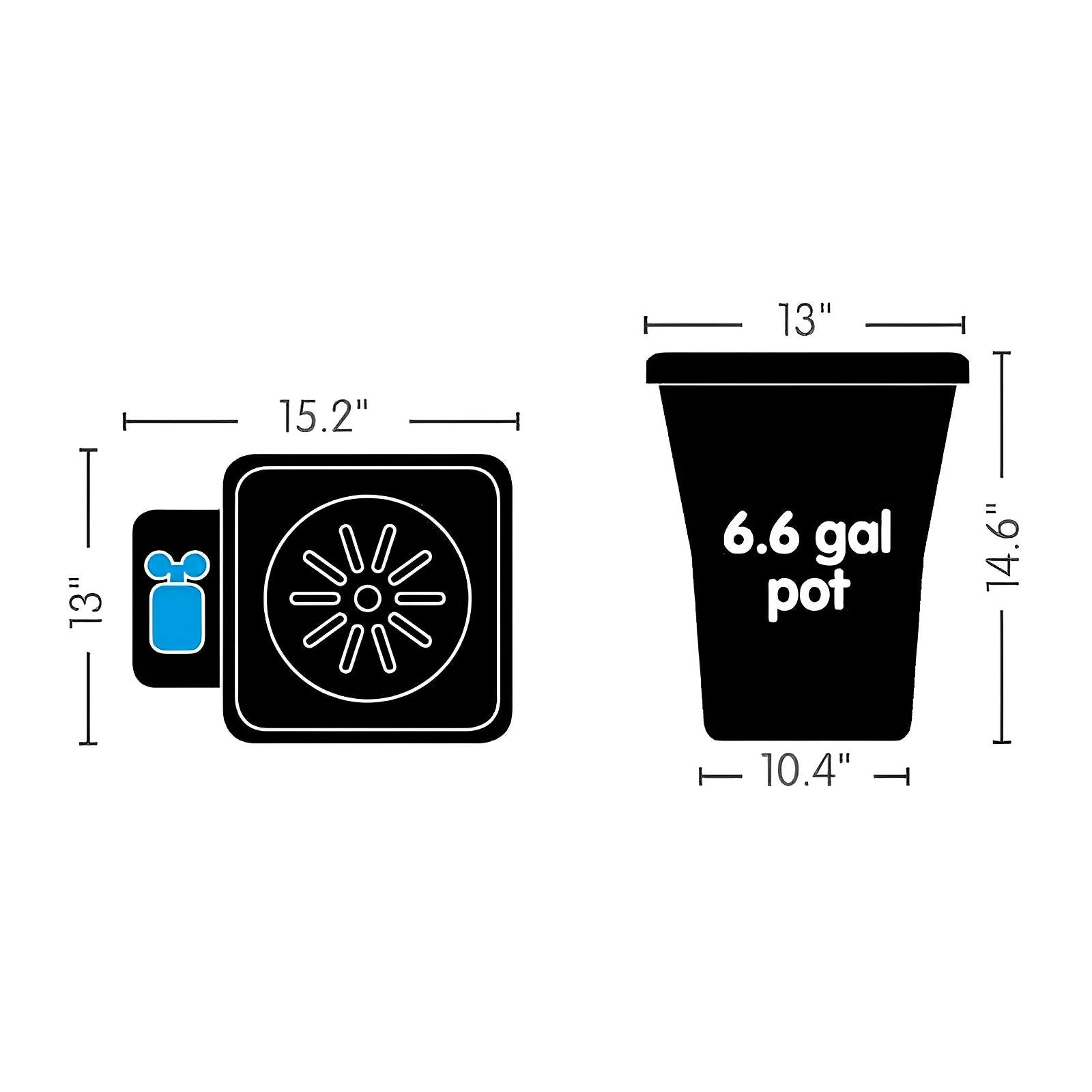 Dimensional diagram of a 6.6-gallon pot, showing top and side views with specific measurements in inches.
