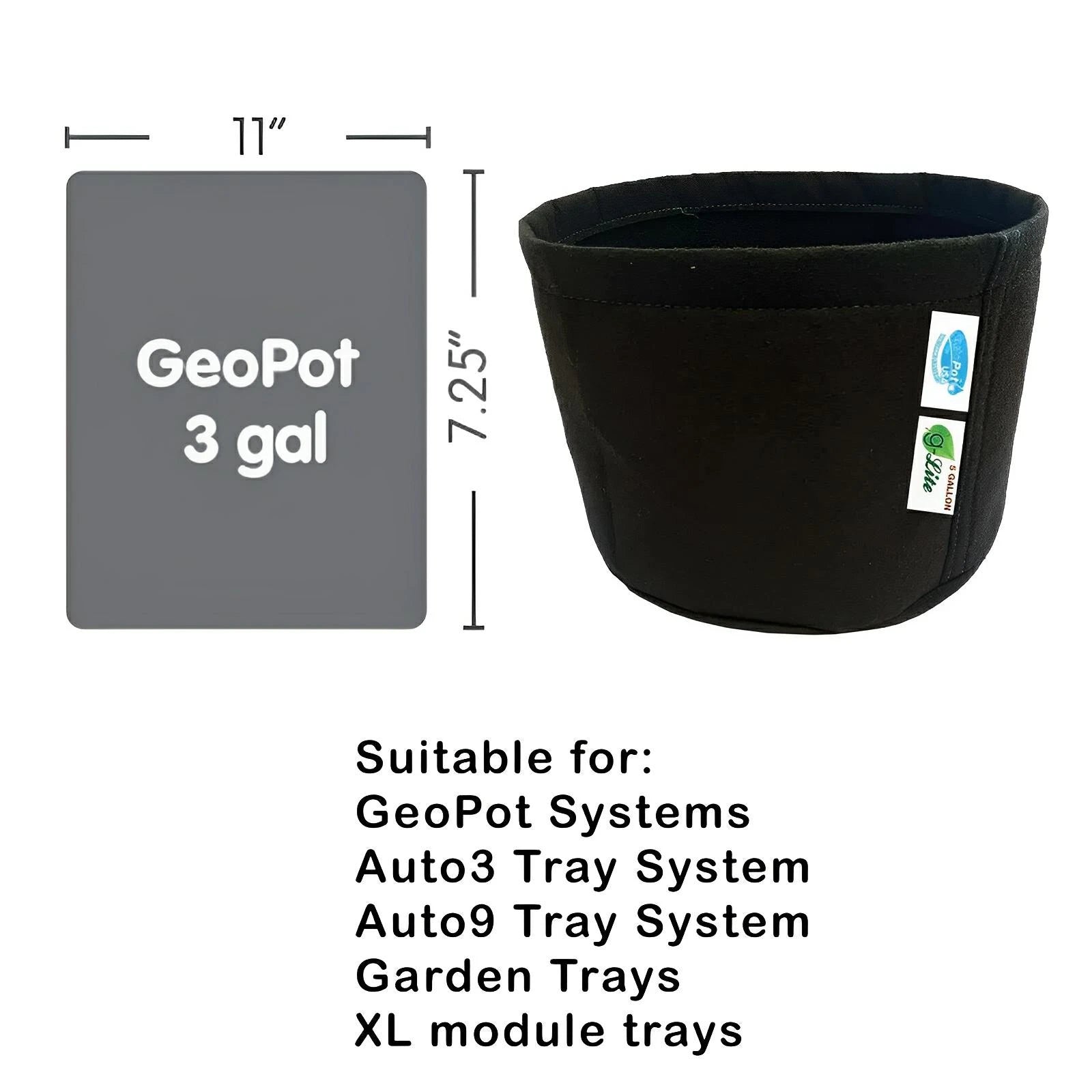 Black fabric GeoPot with side labels, shown with 11-inch diameter and 7.25-inch height dimensions.