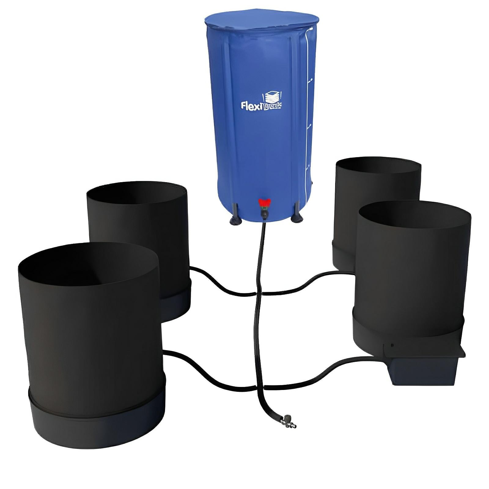 Blue reservoir connected by hoses to four black cylindrical fabric grow pots on a white background.
