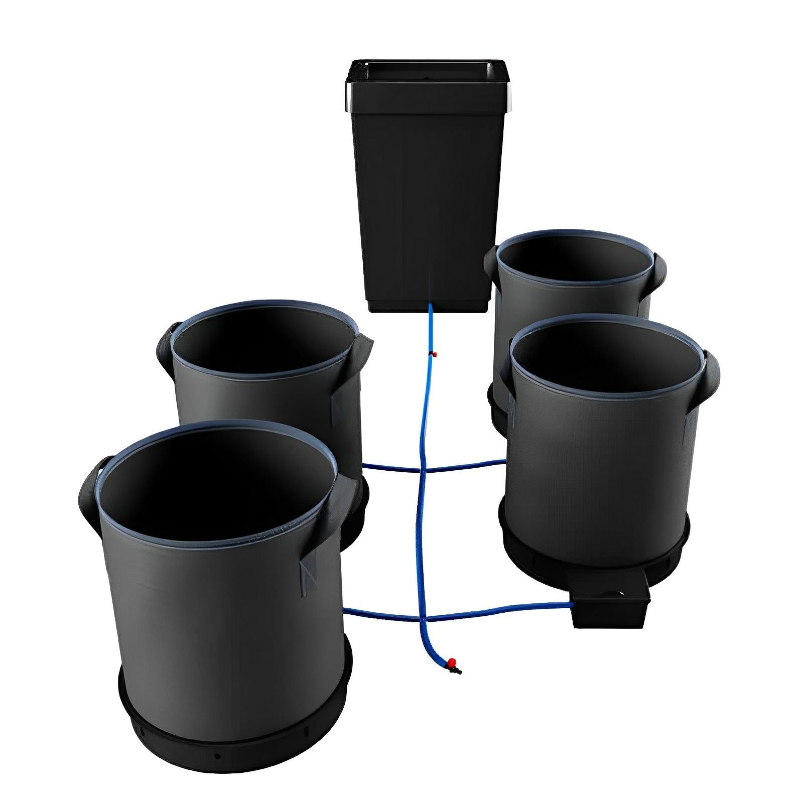 Autopot 4-pot self-watering system with four grey fabric pots connected by blue tubing to a black water reservoir.