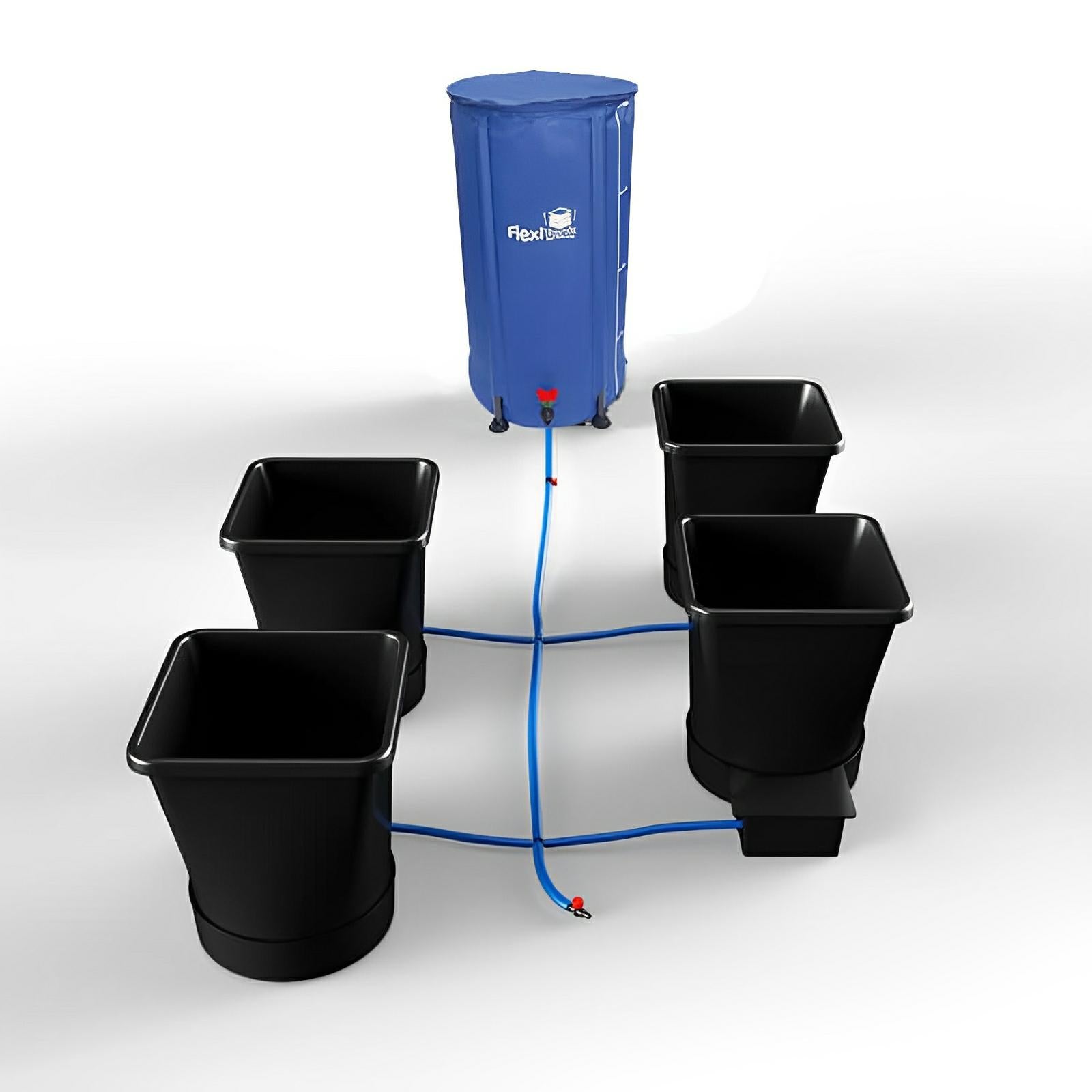 Autopot 4-pot self-watering system featuring a blue fabric water reservoir connected to four black square plastic pots.