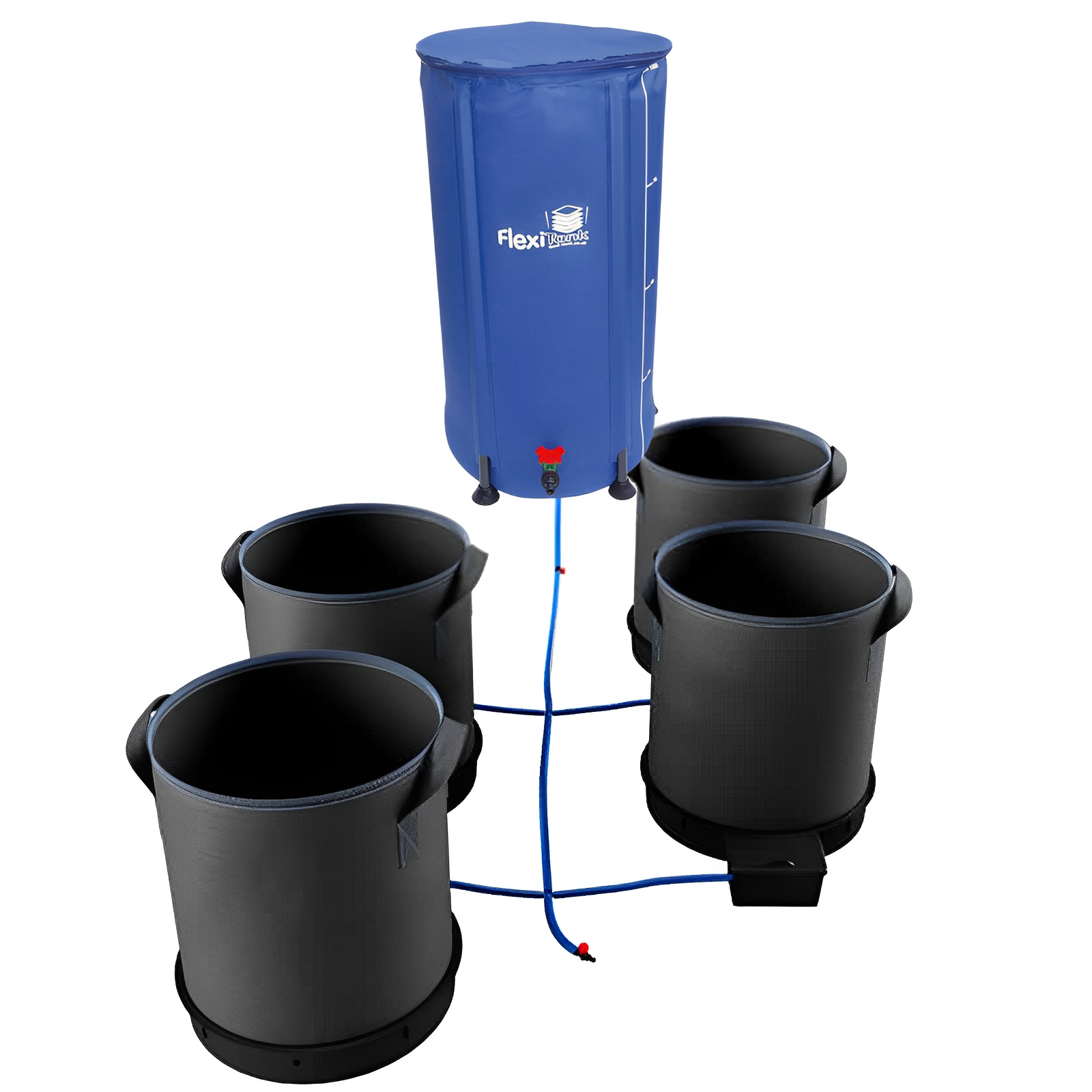 Autopot 4-pot self-watering system with a blue collapsible water tank connected by blue tubing to four black fabric pots.