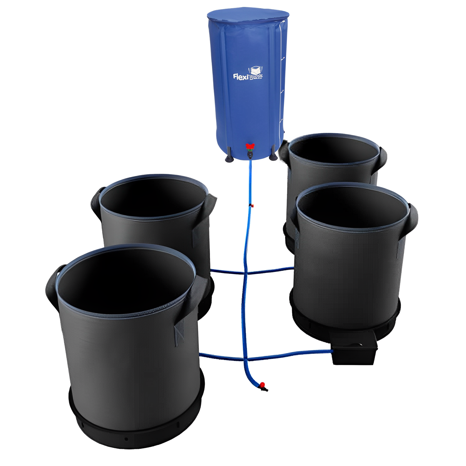 Autopot 4-pot self-watering system with four grey fabric pots connected by blue tubing to a tall blue water reservoir.