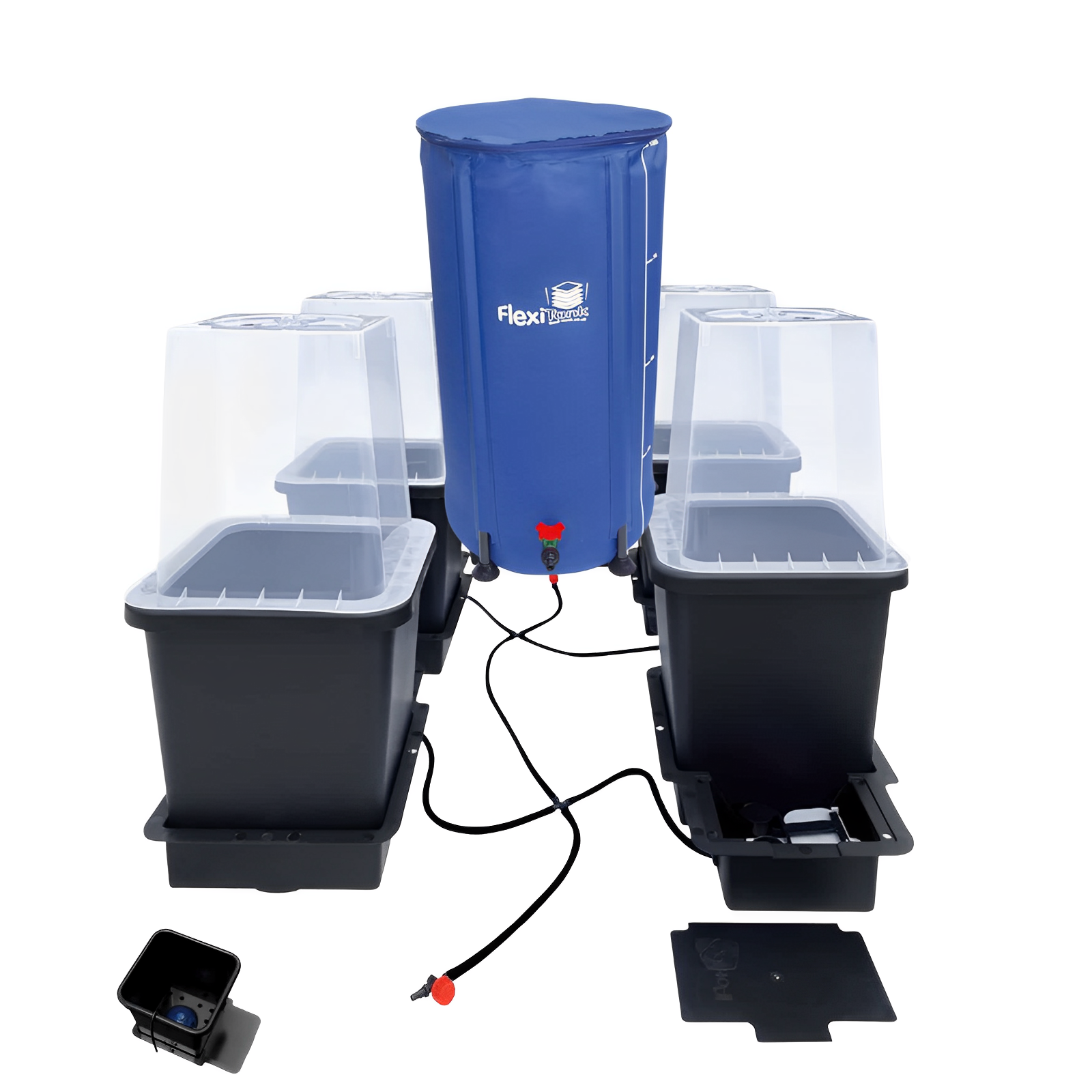 Autopot 4-pot self-watering system with black plastic pots, clear covers, and a tall blue flexible water tank.