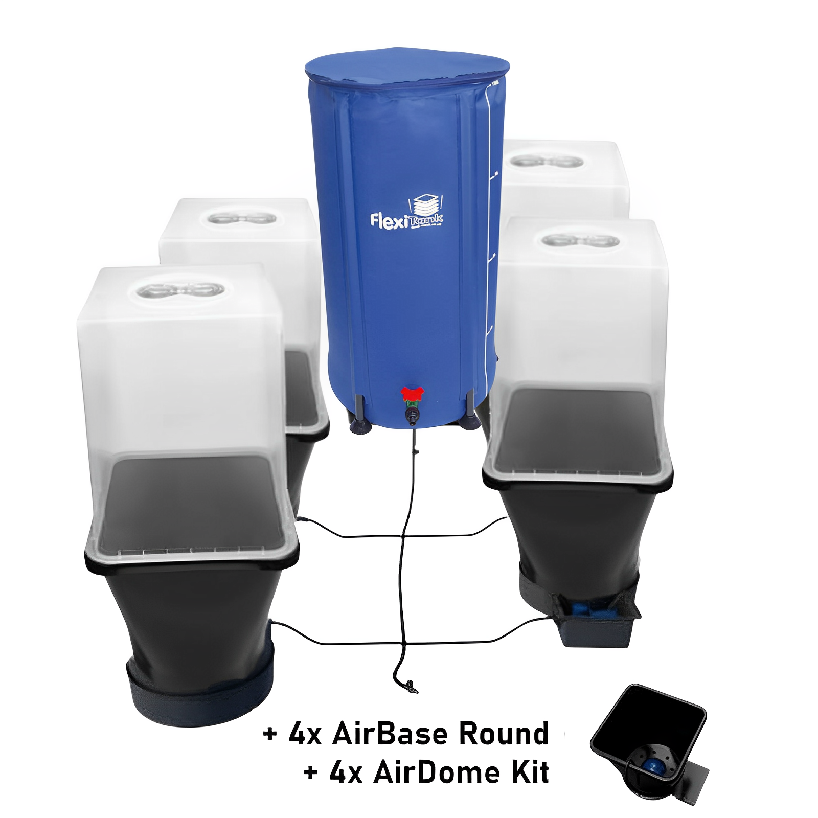 Autopot 4-pot self-watering system with a tall blue FlexiTank, four black plastic pots, and air-dome accessories.