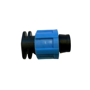 Blue and black plastic irrigation hose fitting with a ribbed collar and black barbed connector end.