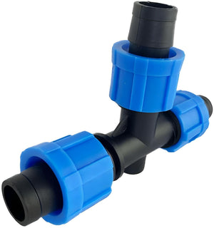 Black and blue T-shaped compression pipe fitting with three threaded locking nuts against a white background.