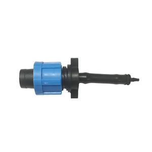 Black irrigation connector with a bright blue threaded locking nut and a tapered, extended black nozzle.