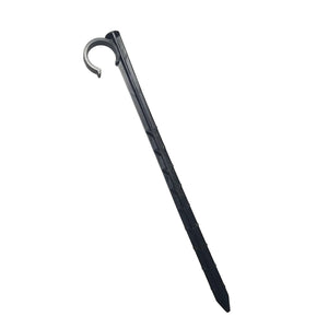 Black plastic drip irrigation stake with a circular tubing clip and a serrated pointed ground anchor.