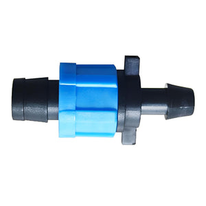 Black and blue irrigation barb connector with a central locking collar, shown from a side profile.